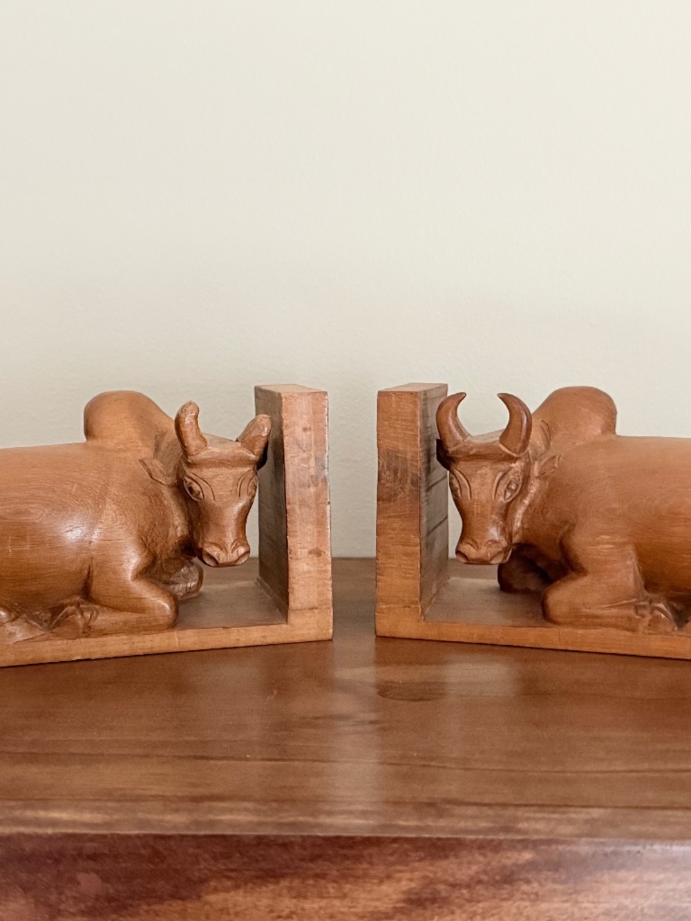 Vintage Estate Heavy Hand Carved Wooden Ox Bookends Figural